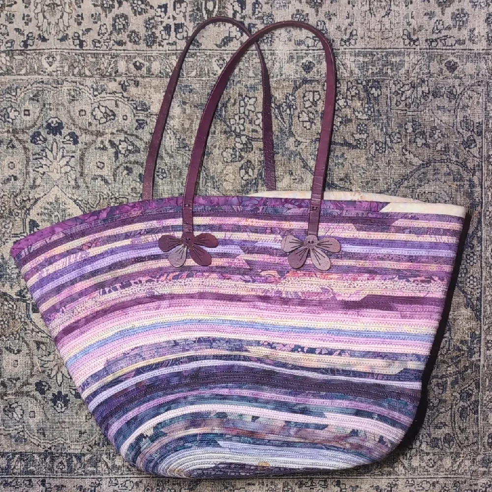 Woven Cloth & Leather Vintage Purple and Lavender Fabric Striped Tote Bag Floral